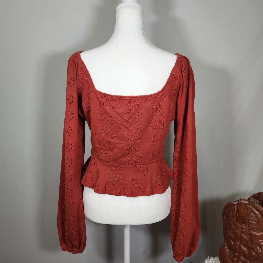 ASOS Rust Eyelet Button-Up Peplum Blouse - Picture 4 of 10